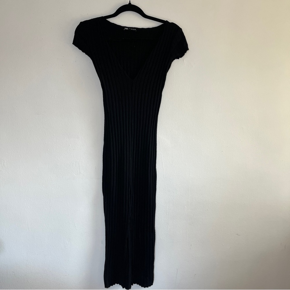 Zara V-Neck Black Dress with Center Slit Size Small